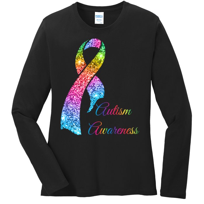 Autism Awareness Sparkle Glitter Ribbon Ladies Long Sleeve Shirt