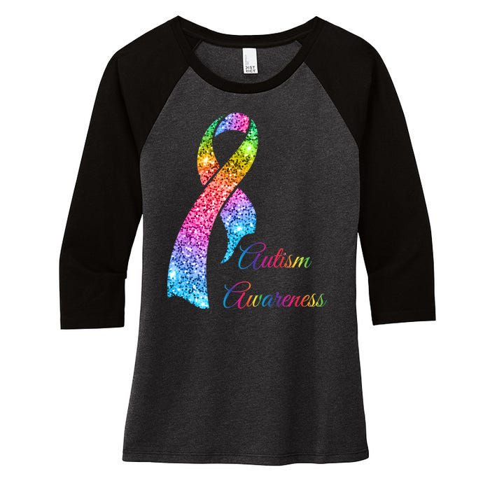 Autism Awareness Sparkle Glitter Ribbon Women's Tri-Blend 3/4-Sleeve Raglan Shirt