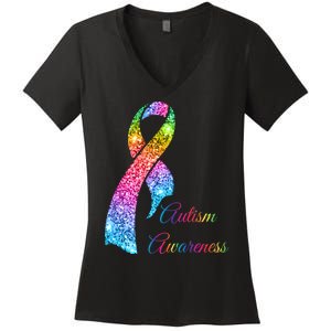 Autism Awareness Sparkle Glitter Ribbon Women's V-Neck T-Shirt