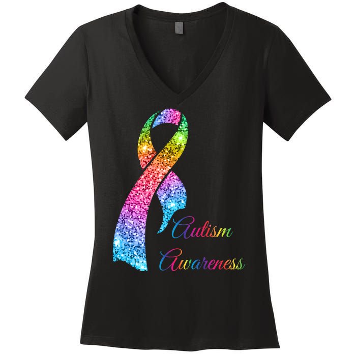 Autism Awareness Sparkle Glitter Ribbon Women's V-Neck T-Shirt