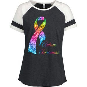 Autism Awareness Sparkle Glitter Ribbon Enza Ladies Jersey Colorblock Tee