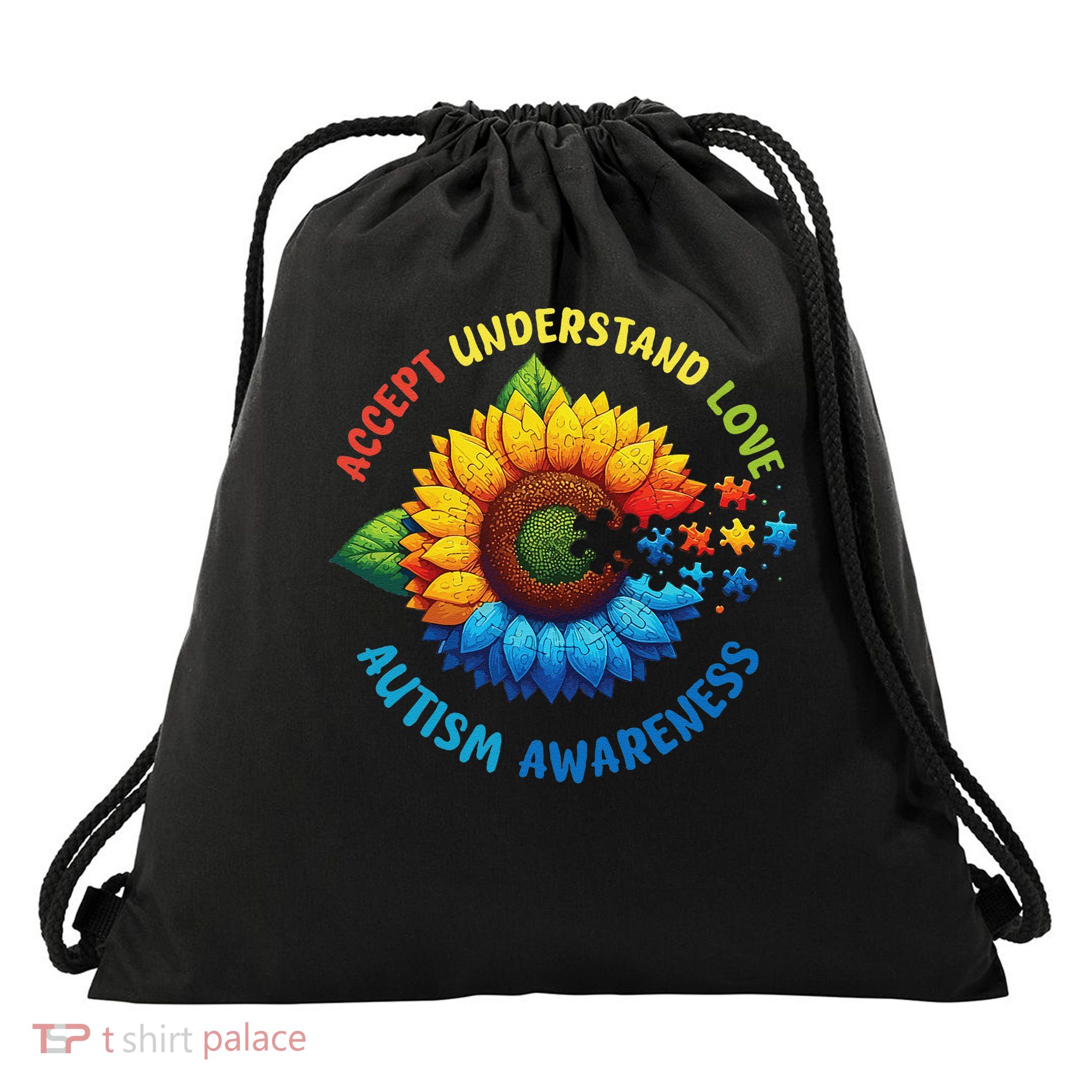 Autism Awareness Sunflower Puzzle Accept Understand Love Drawstring Bag