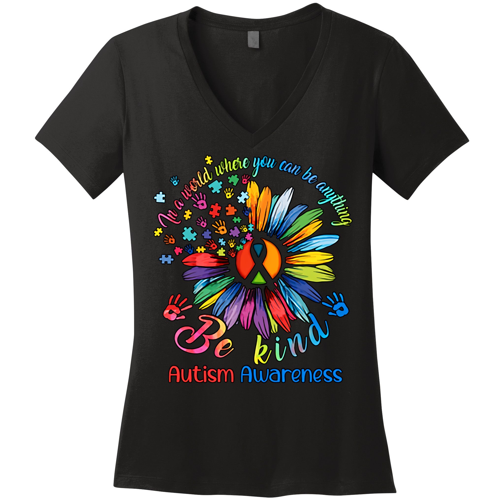 Autism Awareness Sunflower Be Kind Autism Month Autism Support Women's V-Neck T-Shirt