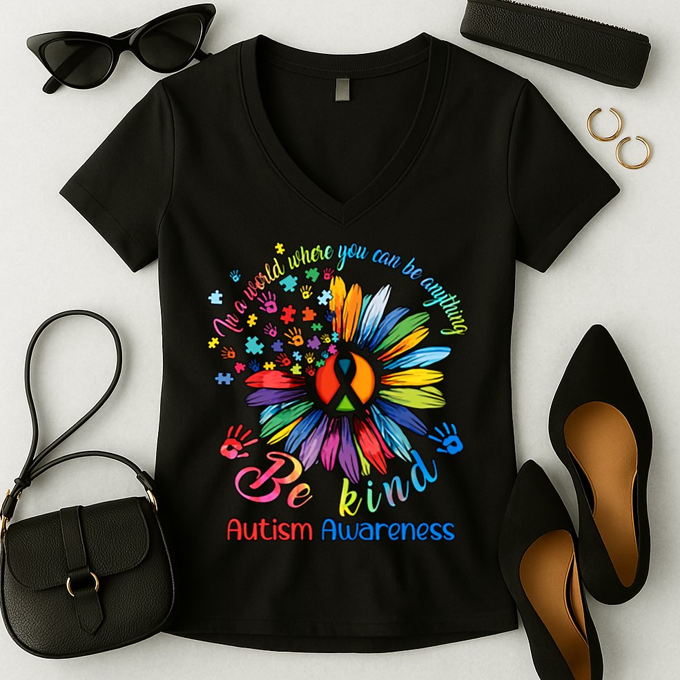 Autism Awareness Sunflower Be Kind Autism Month Autism Support Women's V-Neck T-Shirt