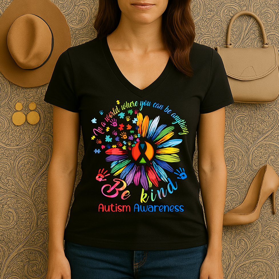 Autism Awareness Sunflower Be Kind Autism Month Autism Support Women's V-Neck T-Shirt