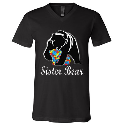 Autism Awareness Sister Bear Support Autistic Adults V-Neck T-Shirt