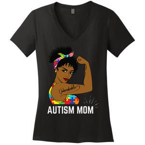 Autism Awareness Strong Mom Afro Mother Black Women's V-Neck T-Shirt