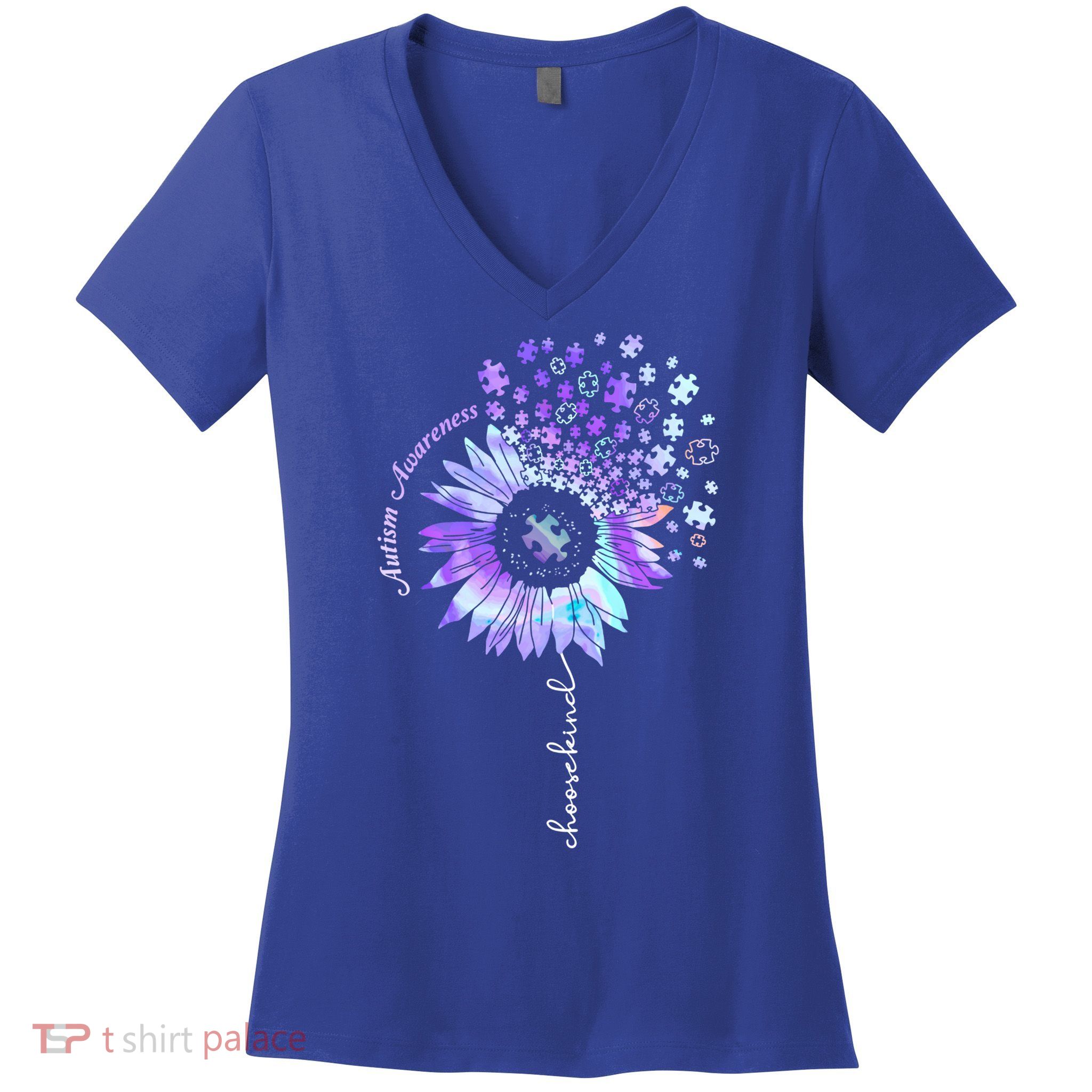 Autism Awareness Sunflower Choose Kind Puzzle Autism Gift Women's V-Neck T-Shirt