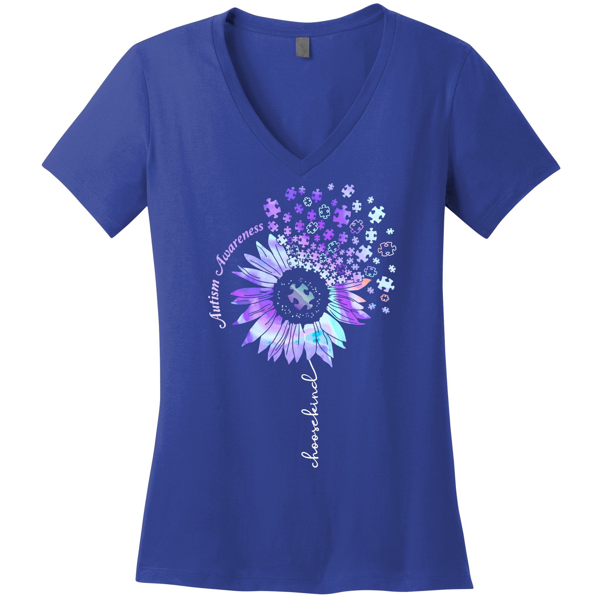 Autism Awareness Sunflower Choose Kind Puzzle Autism Gift Women's V-Neck T-Shirt