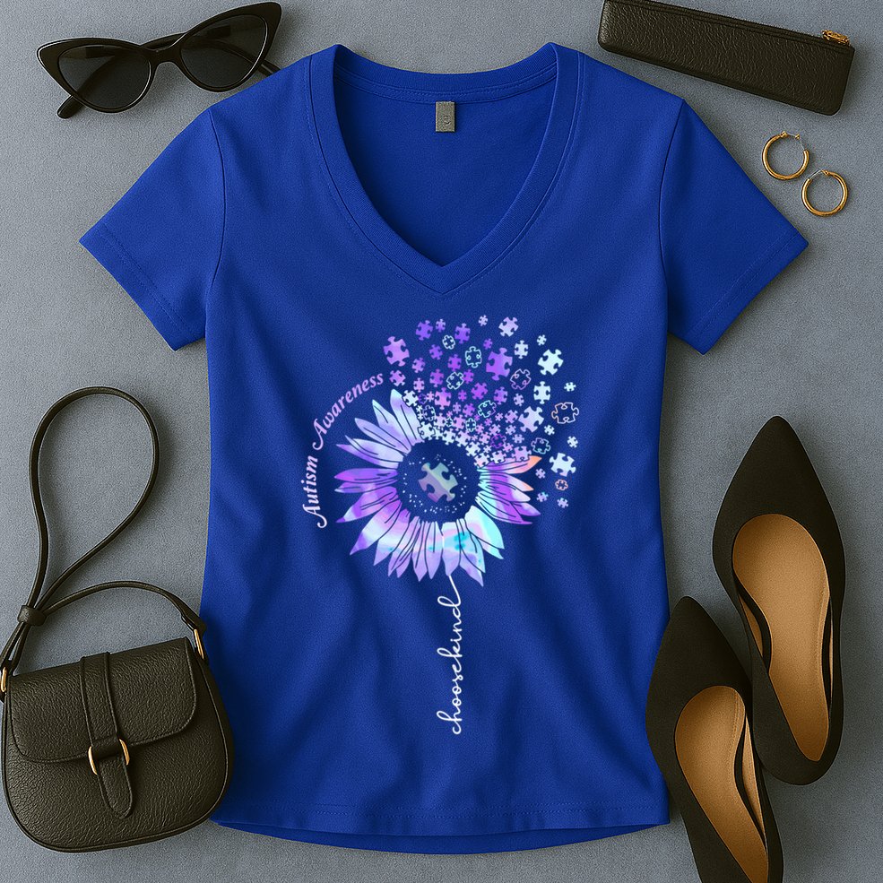 Autism Awareness Sunflower Choose Kind Puzzle Autism Gift Women's V-Neck T-Shirt