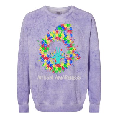 Autism Awareness Sunflower Puzzle Piece Ribbon Great Gift Colorblast Crewneck Sweatshirt