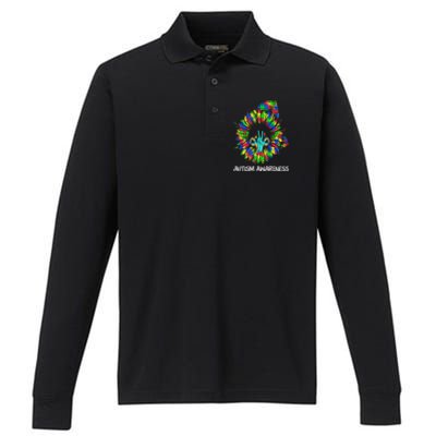 Autism Awareness Sunflower Puzzle Piece Ribbon Great Gift Performance Long Sleeve Polo