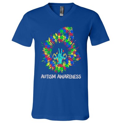 Autism Awareness Sunflower Puzzle Piece Ribbon Great Gift V-Neck T-Shirt