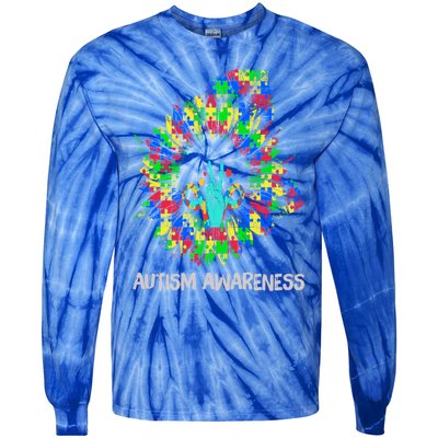 Autism Awareness Sunflower Puzzle Piece Ribbon Great Gift Tie-Dye Long Sleeve Shirt