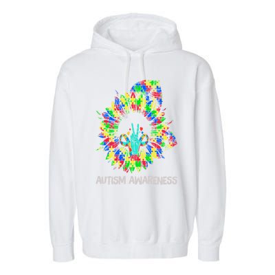 Autism Awareness Sunflower Puzzle Piece Ribbon Great Gift Garment-Dyed Fleece Hoodie