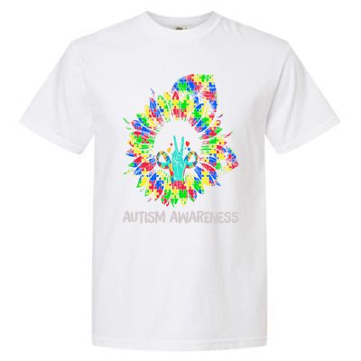 Autism Awareness Sunflower Puzzle Piece Ribbon Great Gift Garment-Dyed Heavyweight T-Shirt