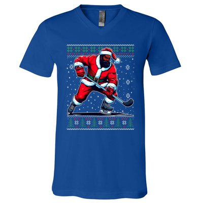 African American Santa Hockey Ugly Christmas Sweater Gift V-Neck T-Shirt