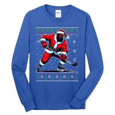 African American Santa Hockey Ugly Christmas Sweater Gift Tall Long Sleeve T-Shirt