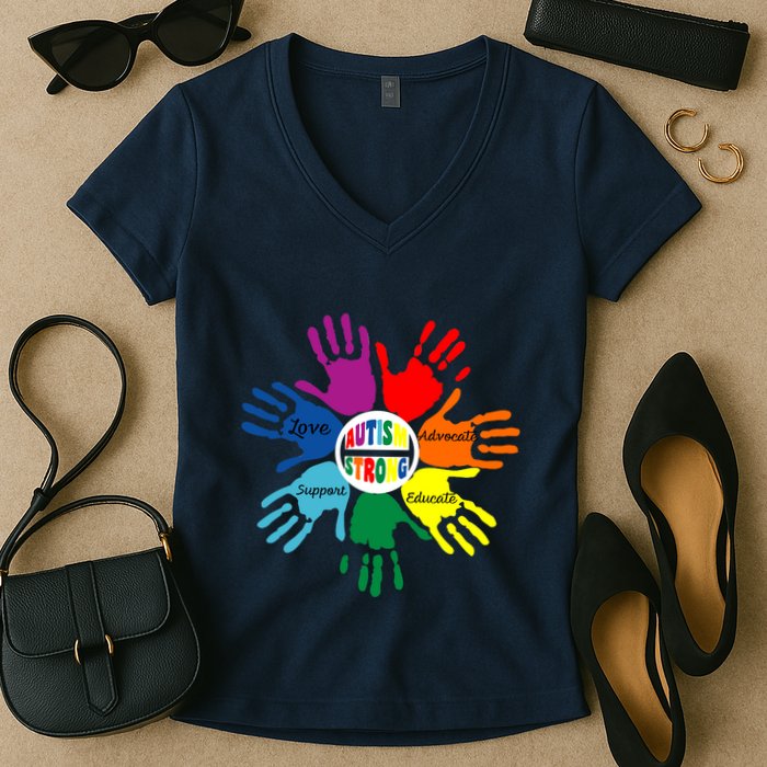 Autism Awareness Sign Language Hand Puzzle Support Women's V-Neck T-Shirt