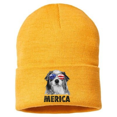 Aussie Australian Shepherd 4th Of July Merica American Flag Sustainable Knit Beanie