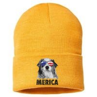 Aussie Australian Shepherd 4th Of July Merica American Flag Sustainable Knit Beanie