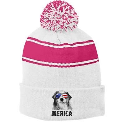 Aussie Australian Shepherd 4th Of July Merica American Flag Stripe Pom Pom Beanie