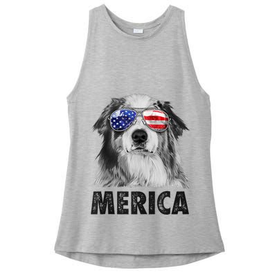 Aussie Australian Shepherd 4th Of July Merica American Flag Ladies PosiCharge Tri-Blend Wicking Tank