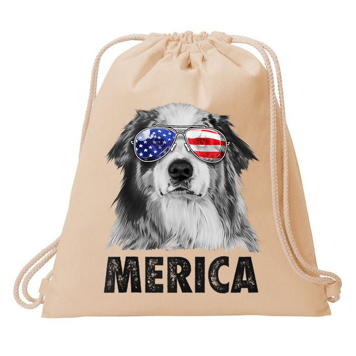 Aussie Australian Shepherd 4th Of July Merica American Flag Drawstring Bag