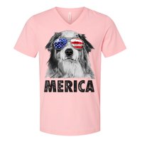 Aussie Australian Shepherd 4th Of July Merica American Flag V-Neck T-Shirt