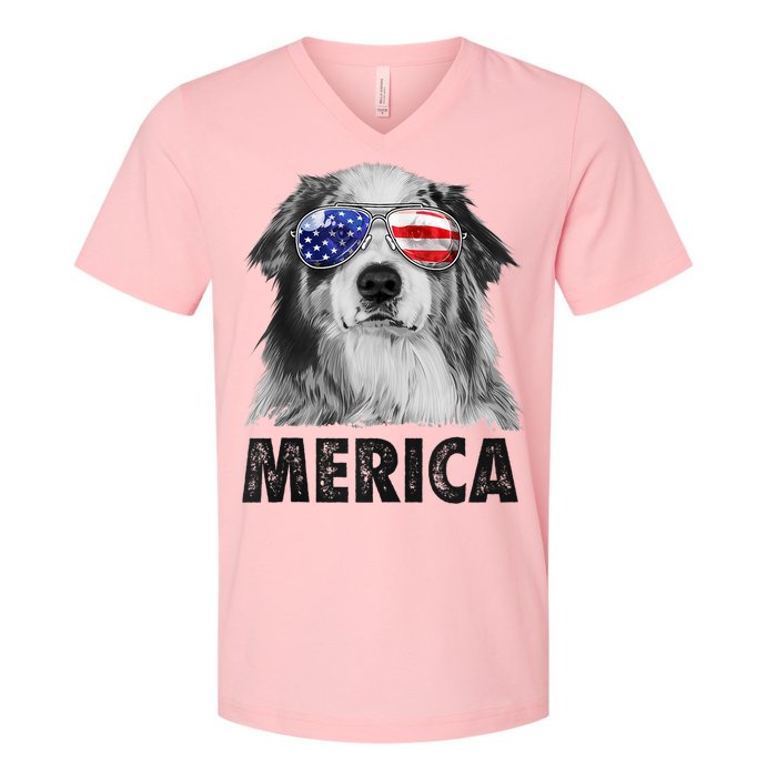 Aussie Australian Shepherd 4th Of July Merica American Flag V-Neck T-Shirt