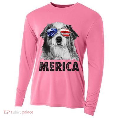 Aussie Australian Shepherd 4th Of July Merica American Flag Cooling Performance Long Sleeve Crew