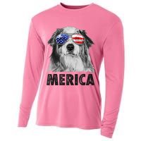 Aussie Australian Shepherd 4th Of July Merica American Flag Cooling Performance Long Sleeve Crew