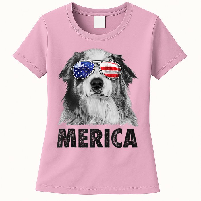 Aussie Australian Shepherd 4th Of July Merica American Flag Womens T-Shirt