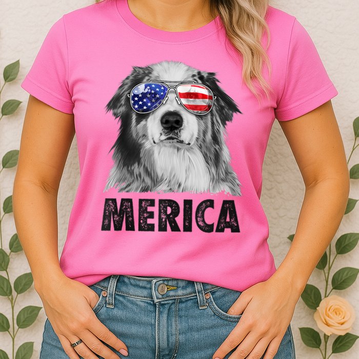 Aussie Australian Shepherd 4th Of July Merica American Flag Womens T-Shirt
