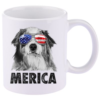 Aussie Australian Shepherd 4th Of July Merica American Flag 11oz C Handle Ceramic Mug