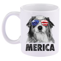 Aussie Australian Shepherd 4th Of July Merica American Flag 11oz C Handle Ceramic Mug