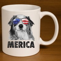 Aussie Australian Shepherd 4th Of July Merica American Flag 11oz C Handle Ceramic Mug