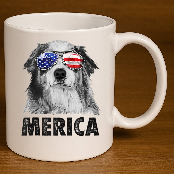 Aussie Australian Shepherd 4th Of July Merica American Flag 11oz C Handle Ceramic Mug