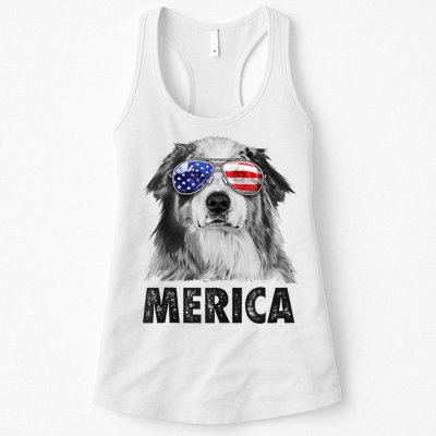 Aussie Australian Shepherd 4th Of July Merica American Flag Womens Tank Top