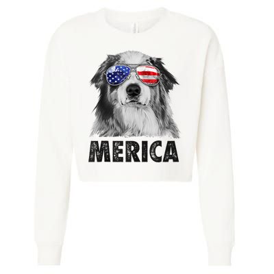 Aussie Australian Shepherd 4th Of July Merica American Flag Cropped Pullover Crew
