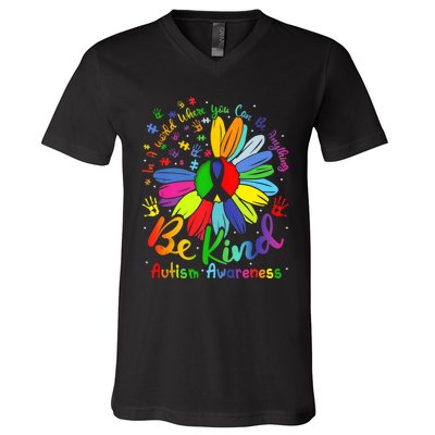 Autism Awareness Sunflower Be Kind Love Autism Awareness V-Neck T-Shirt