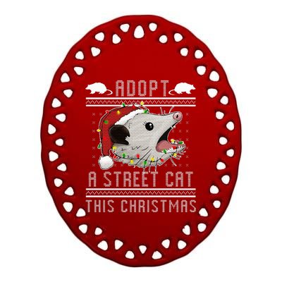 Adopt A Street Cat Funny Opossum Ugly Christmas Sweater Ceramic Oval Ornament