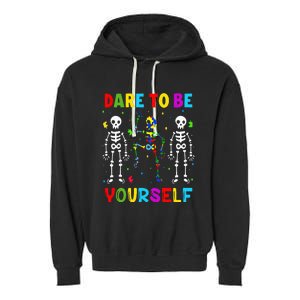 Autism Awareness Skeleton Dabbing Dare To Be Yourself Garment-Dyed Fleece Hoodie