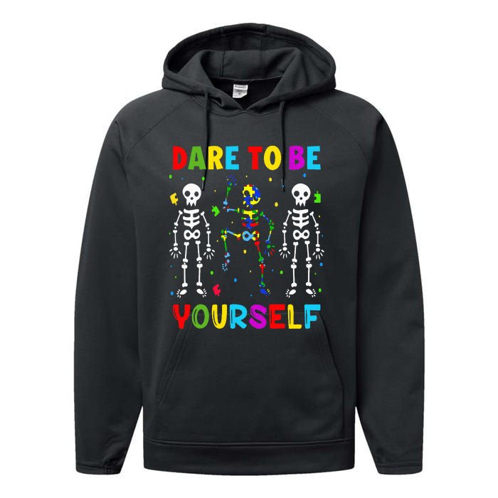 Autism Awareness Skeleton Dabbing Dare To Be Yourself Performance Fleece Hoodie