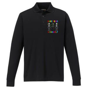 Autism Awareness Skeleton Dabbing Dare To Be Yourself Performance Long Sleeve Polo