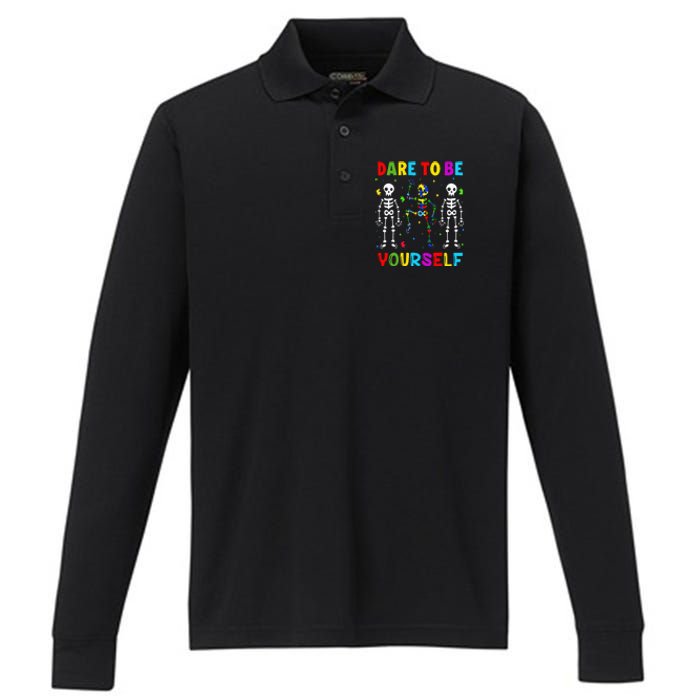 Autism Awareness Skeleton Dabbing Dare To Be Yourself Performance Long Sleeve Polo