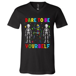 Autism Awareness Skeleton Dabbing Dare To Be Yourself V-Neck T-Shirt