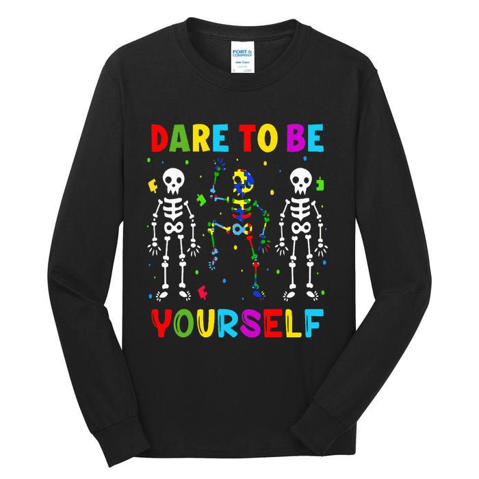 Autism Awareness Skeleton Dabbing Dare To Be Yourself Tall Long Sleeve T-Shirt