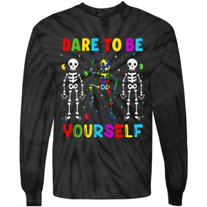 Autism Awareness Skeleton Dabbing Dare To Be Yourself Tie-Dye Long Sleeve Shirt