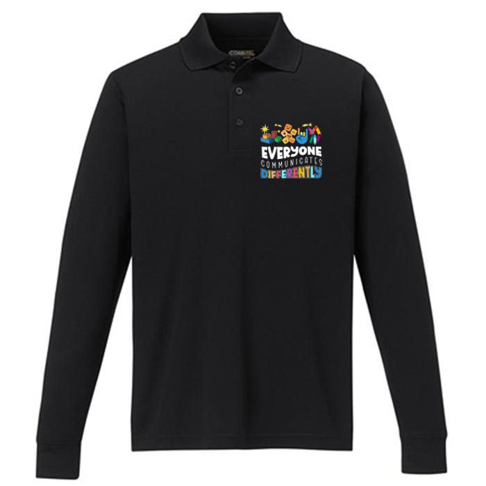 Autism Awareness Support Everyone Communicates Differently Performance Long Sleeve Polo